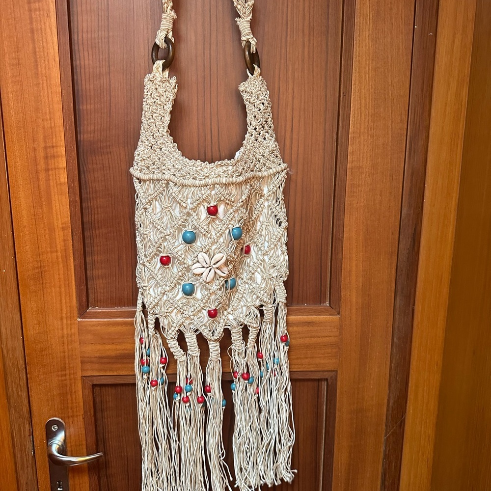 Handcrafted Cream Macramé Bag with Beaded Accents